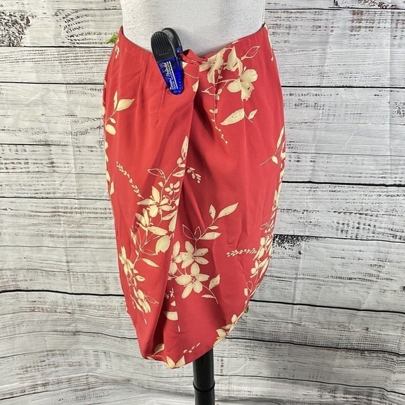 Judith Hart Skirt size 12 Coral Tan Floral Tropical Faux Wrap Pencil Knee Hawaii - Picture 13 of 14